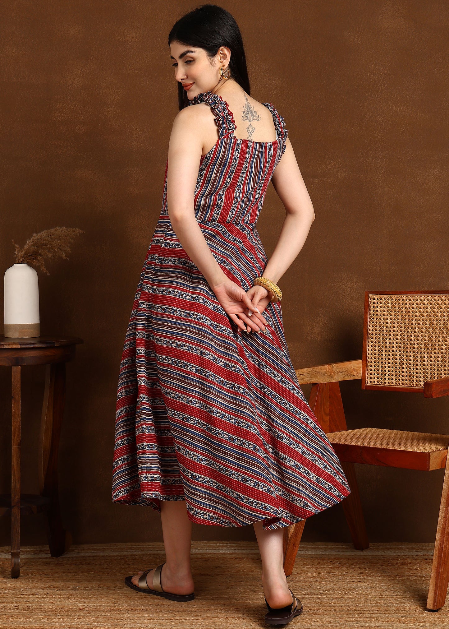 RED BLUE KATHA STRIPS DRESS