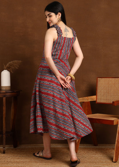 RED BLUE KATHA STRIPS DRESS