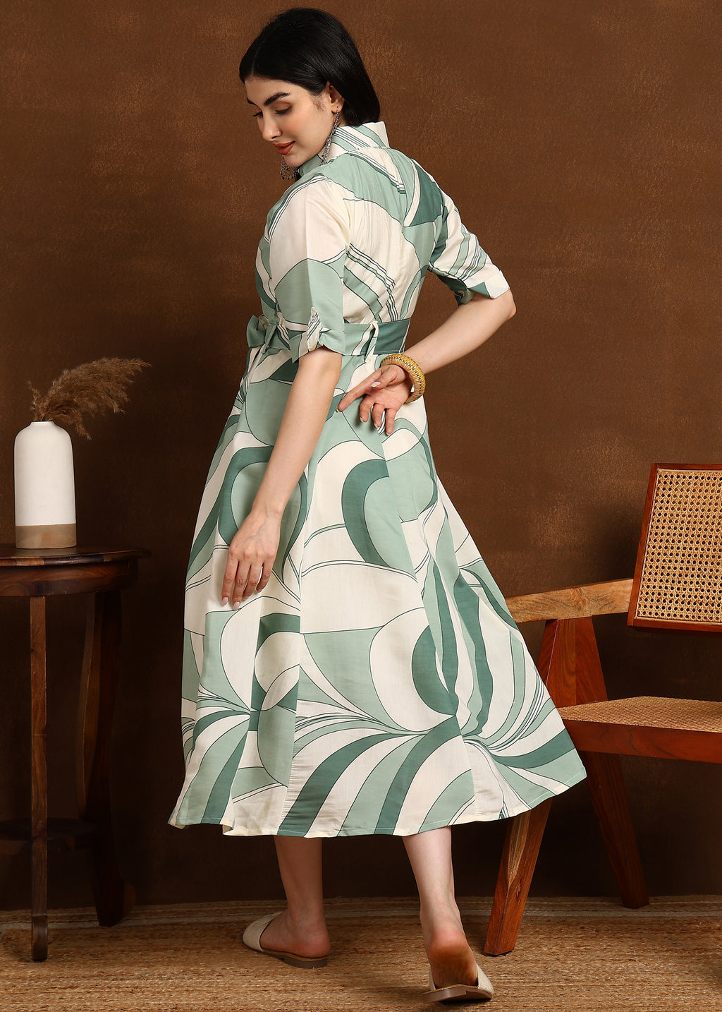 GREEN GEOMETRIC MODAL SILK ONE PIECE DRESS