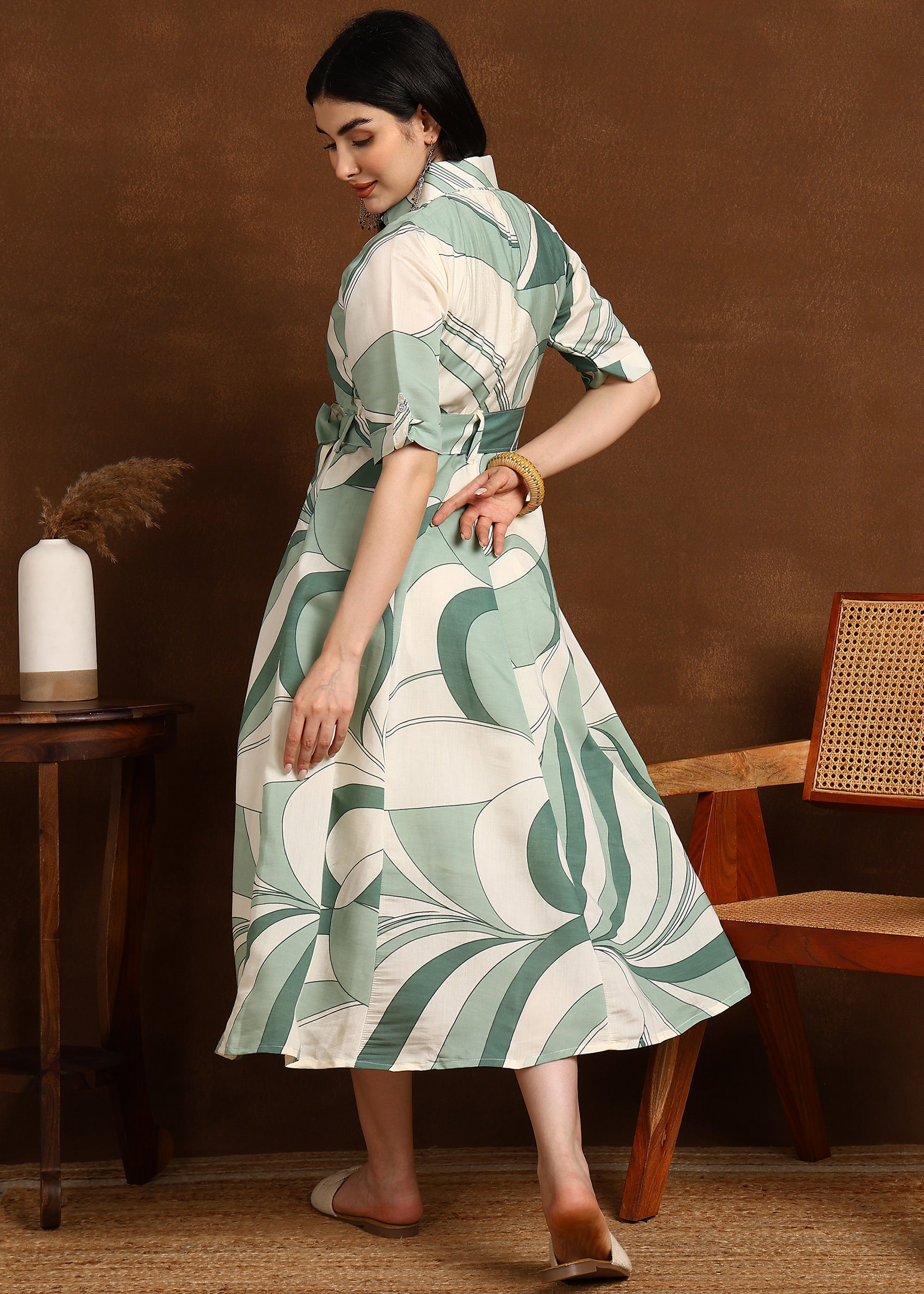 GREEN GEOMETRIC MODAL SILK ONE PIECE DRESS