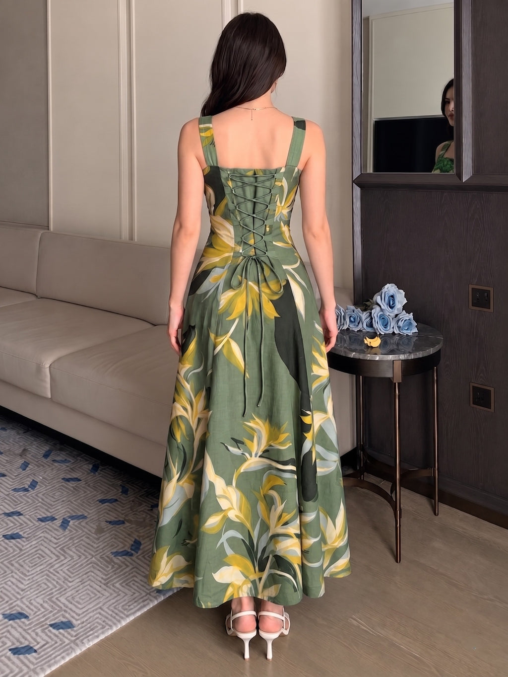 ABSTRACT GREEN STRAP DRESS