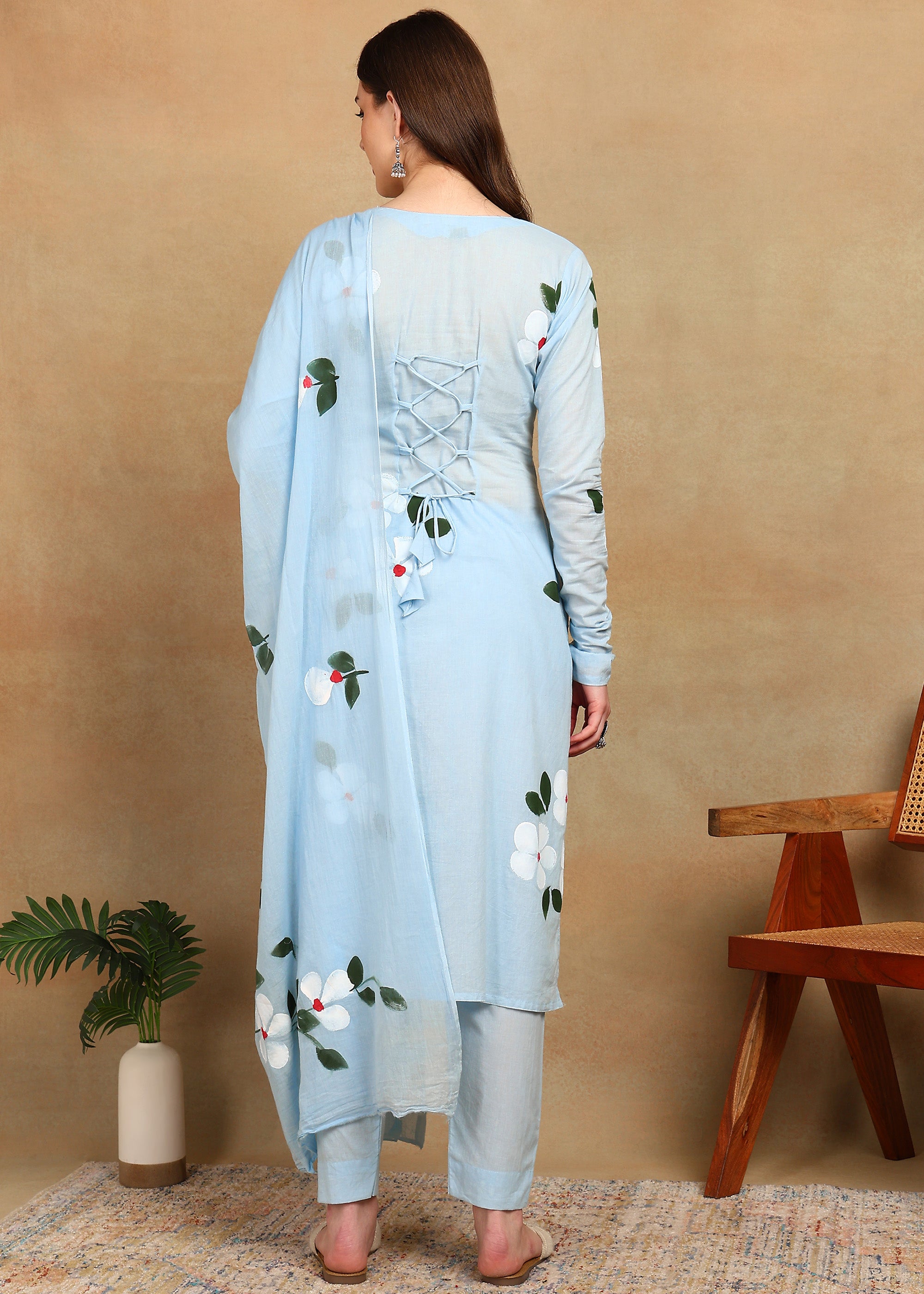 SKY BLUE HANDPAINTED FLORAL SUIT SET
