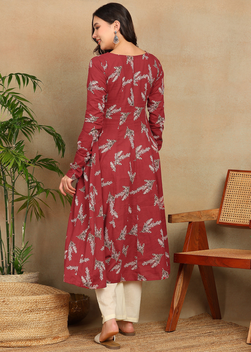 RED PRINTED A-LINE KURTA