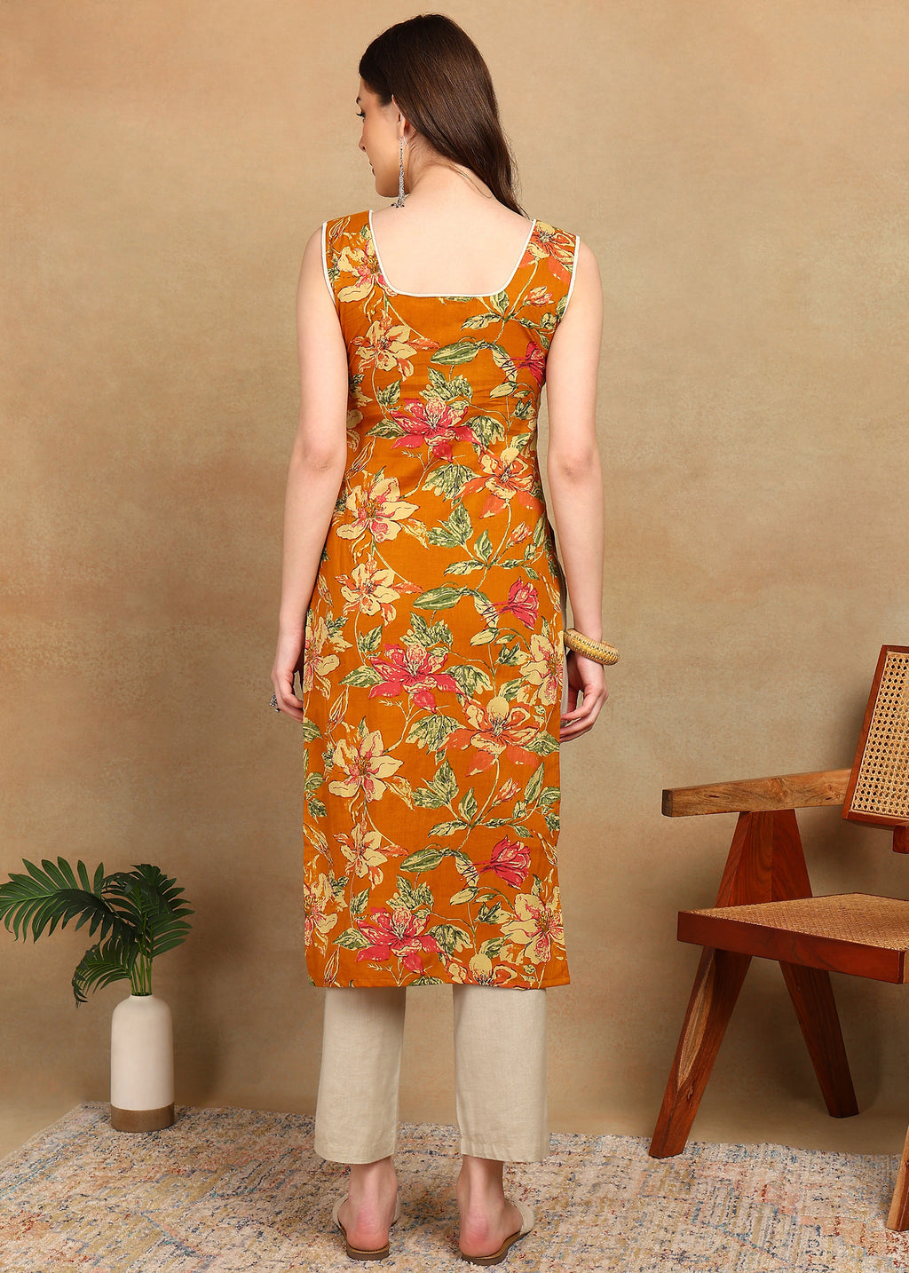 MUSTARD ABSTRACT LONG KURTI