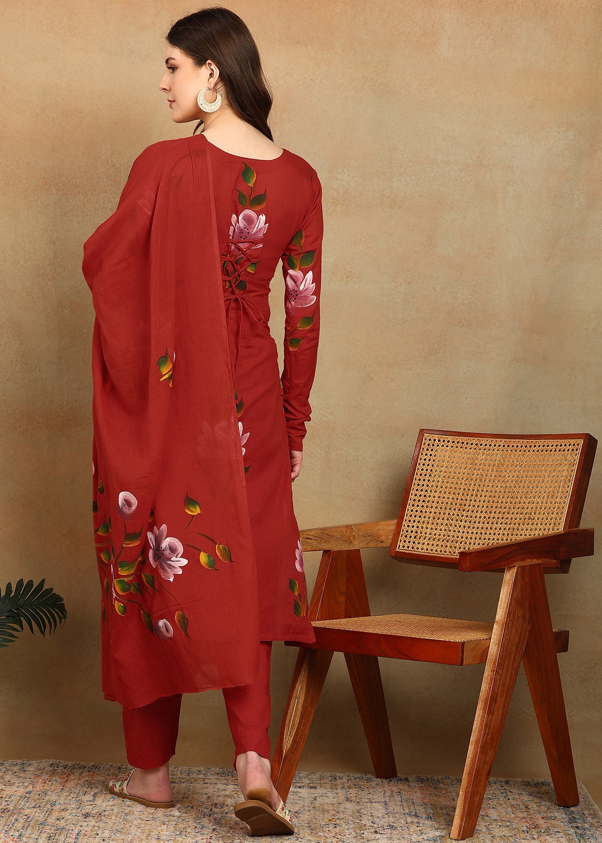 RED HANDPAINTED FLORAL SUIT SET