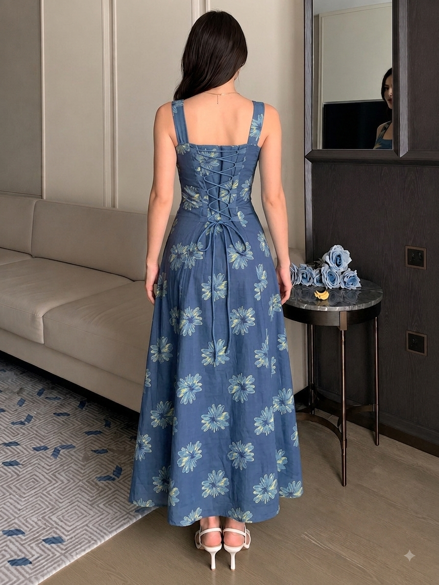 INDIGO FLORAL STRAP DRESS