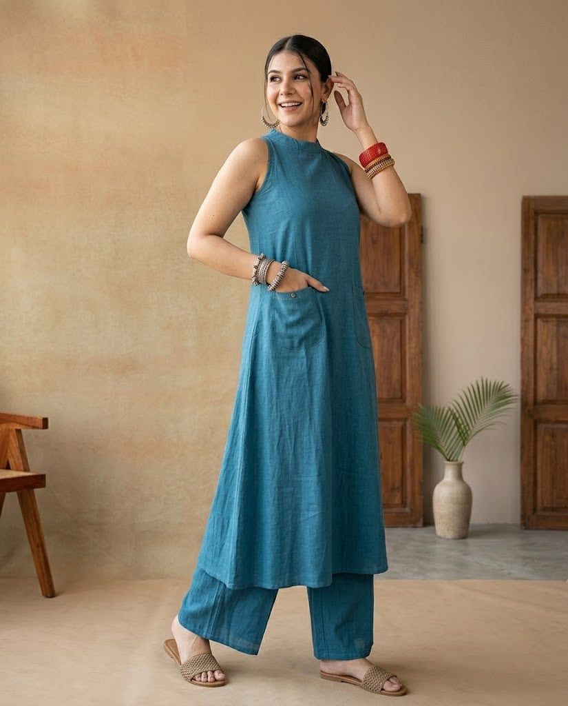 SKYBLUE SLUB KURTA PLAZZO SET
