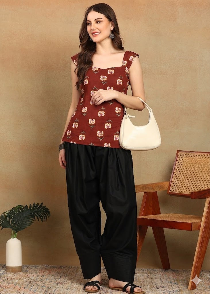 MARRON FLORAL BIG STRAP KURTI