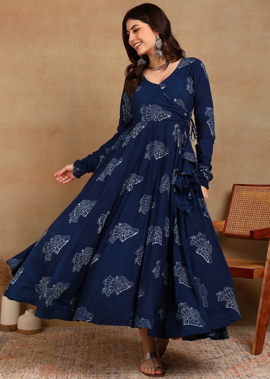 LADY DABU INDIGO HANDBLOCKED ANARKALI SUIT SET