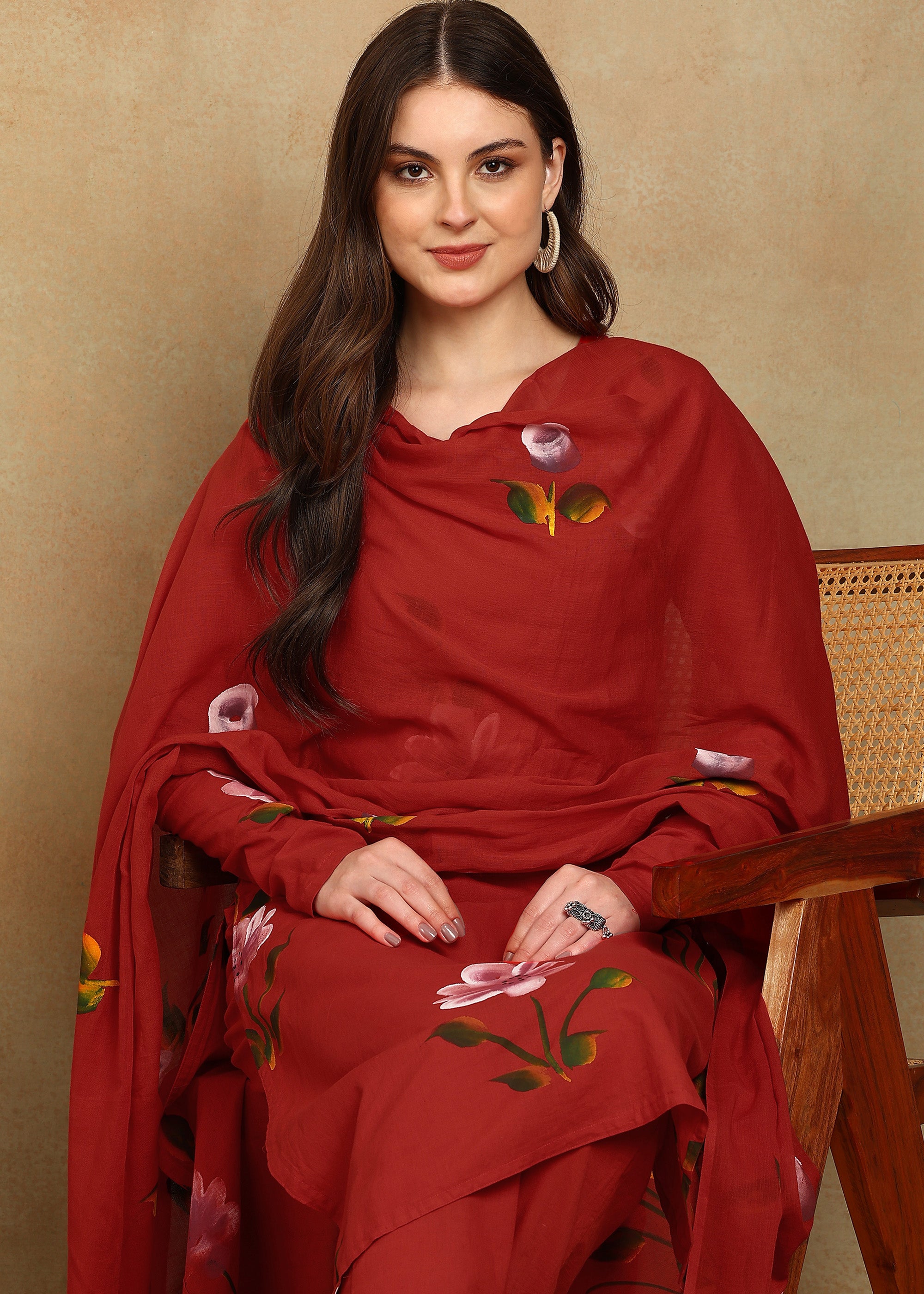 RED HANDPAINTED FLORAL SUIT SET
