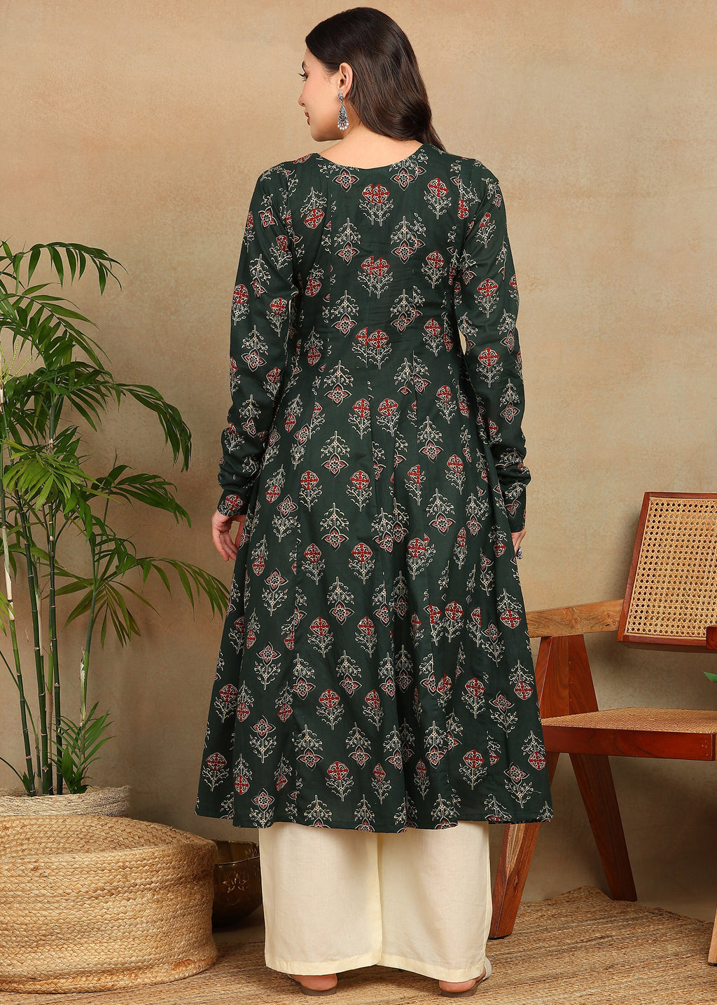 GREEN PRINTED A-LINE KURTA