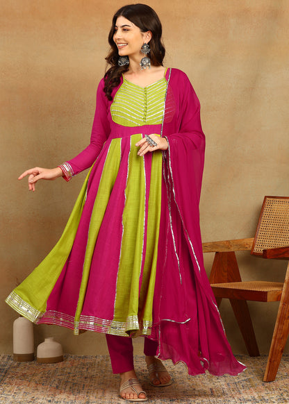 LIME PINK SLUB ANARKALI SUIT SET