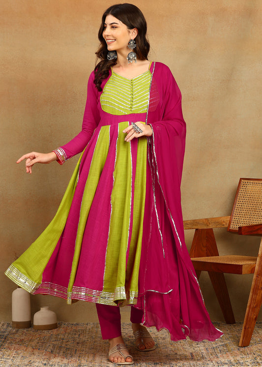 LIME PINK SLUB ANARKALI SUIT SET