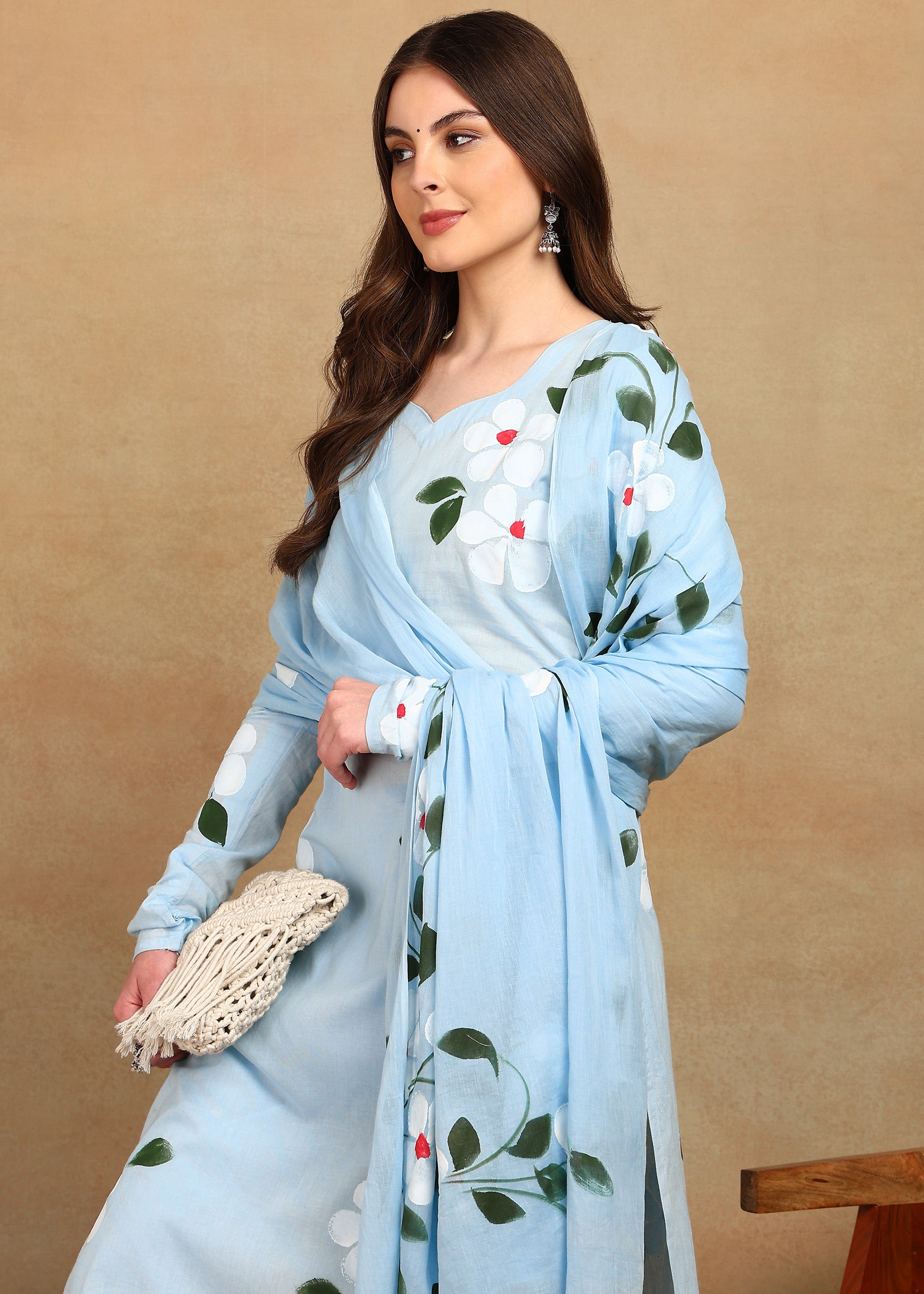SKY BLUE HANDPAINTED FLORAL SUIT SET