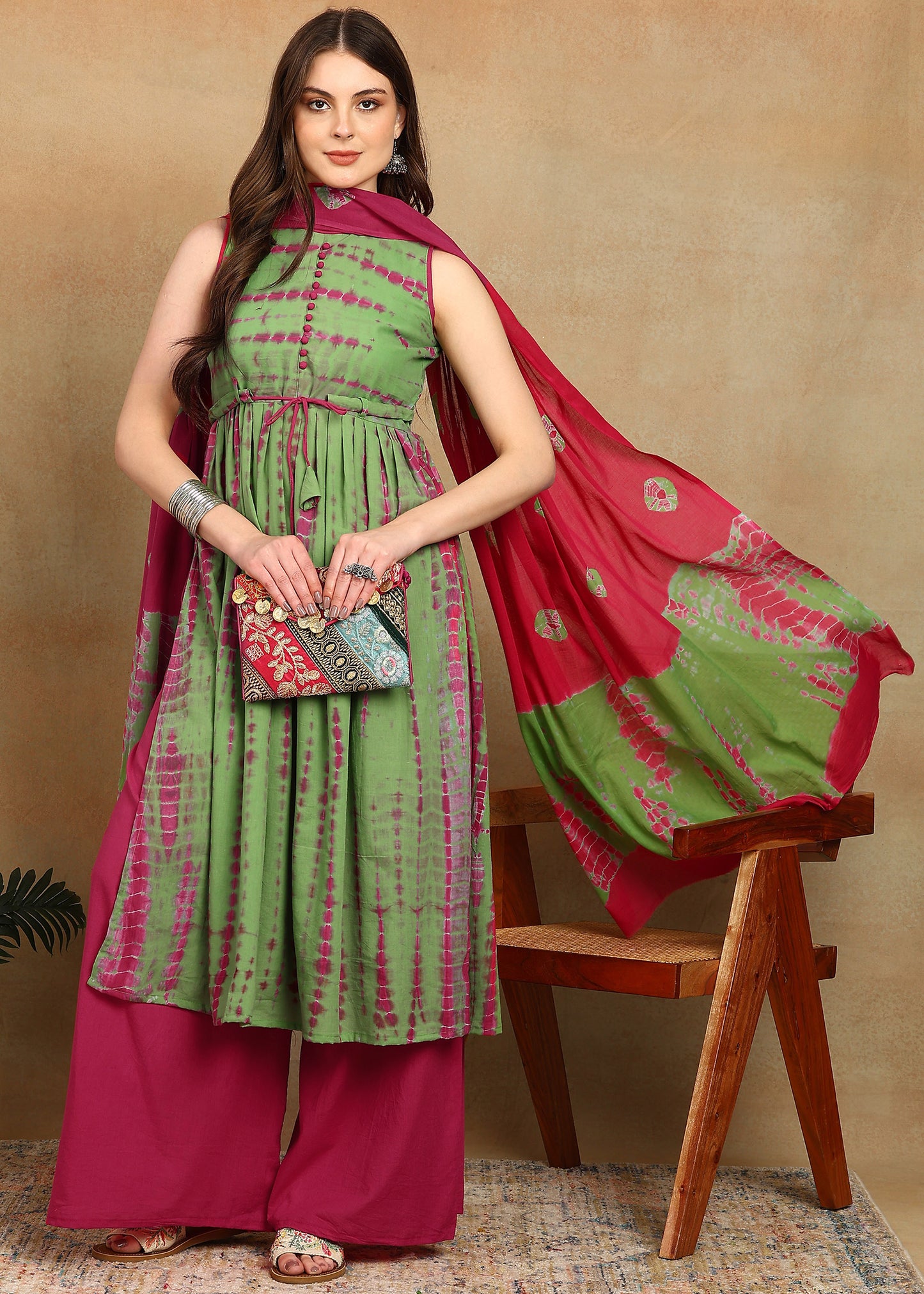 GREEN PINK SHIBORI SUIT SET