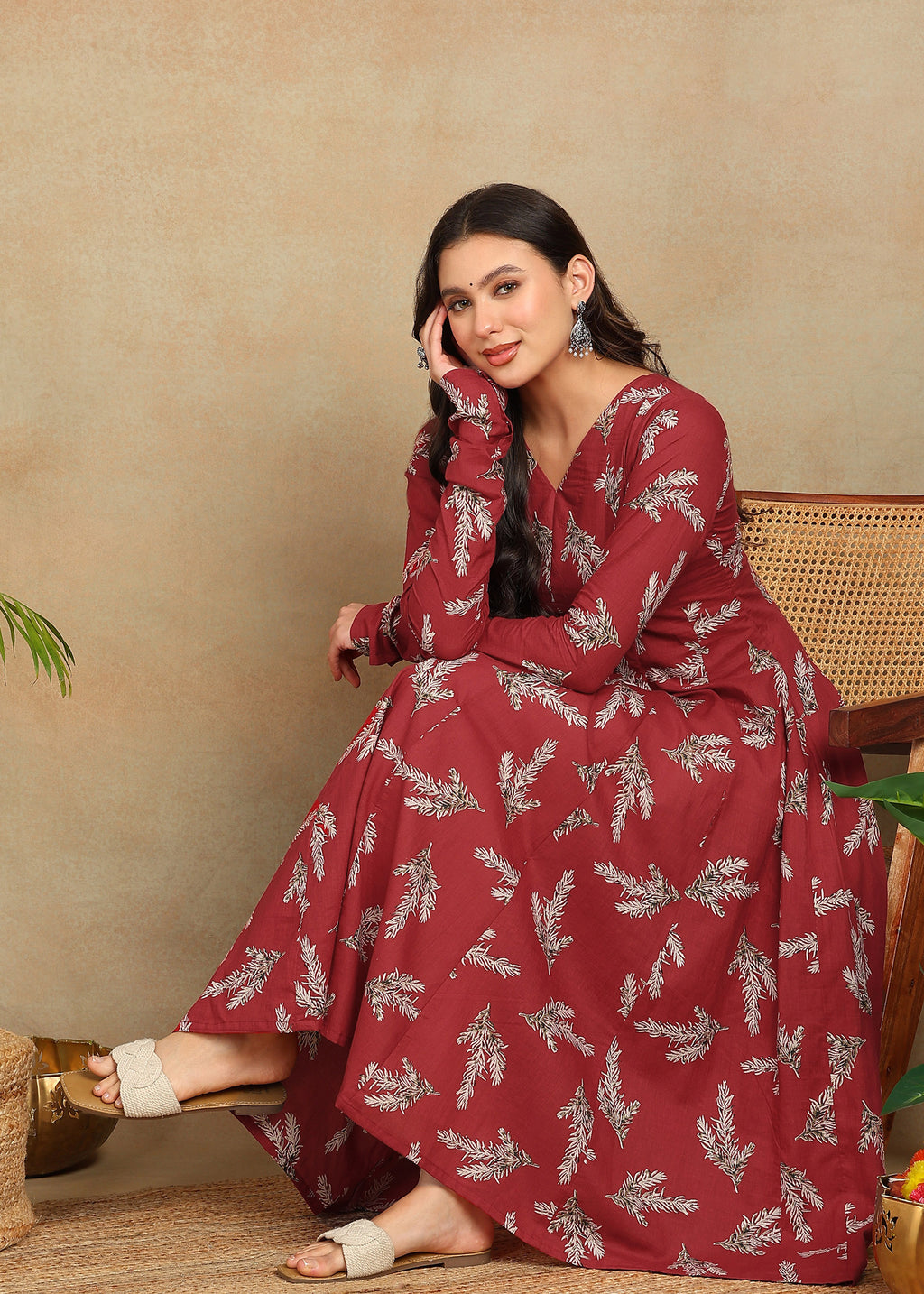 RED PRINTED A-LINE KURTA
