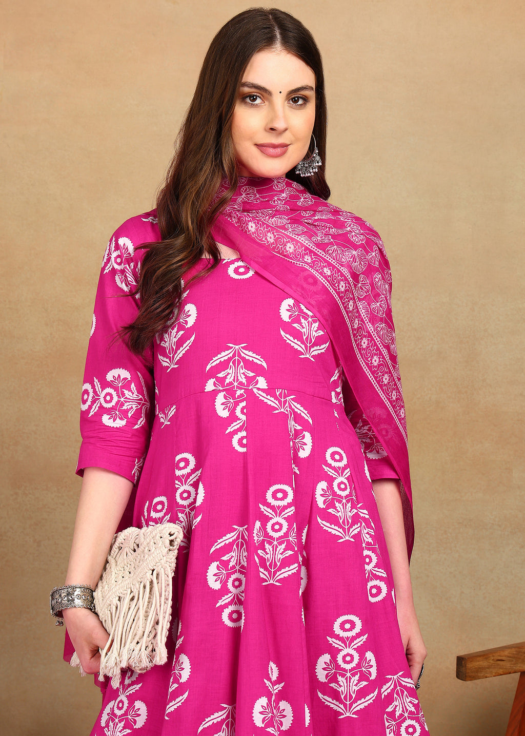 PINK FLORAL ANARKALI SUIT SET