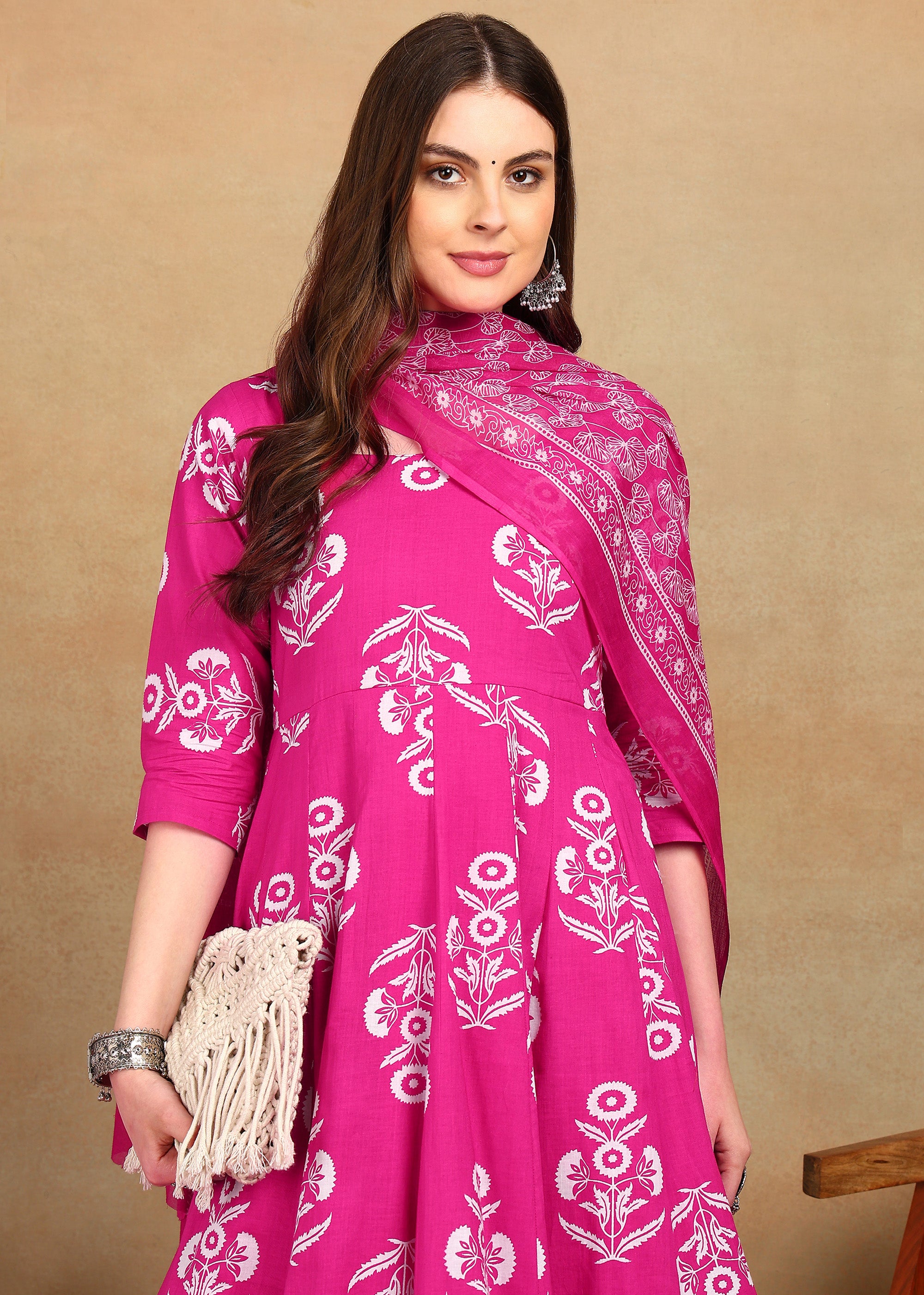 PINK FLORAL ANARKALI SUIT SET