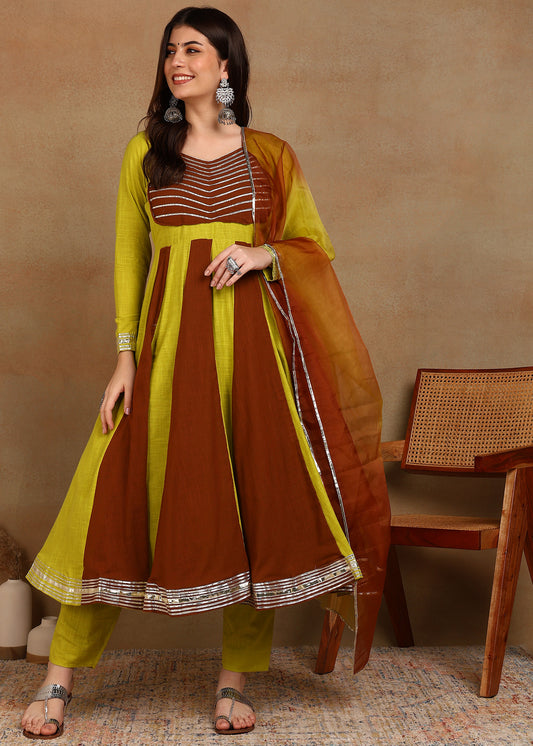 YELLOWBROWN SLUB ANARKALI SUIT SET