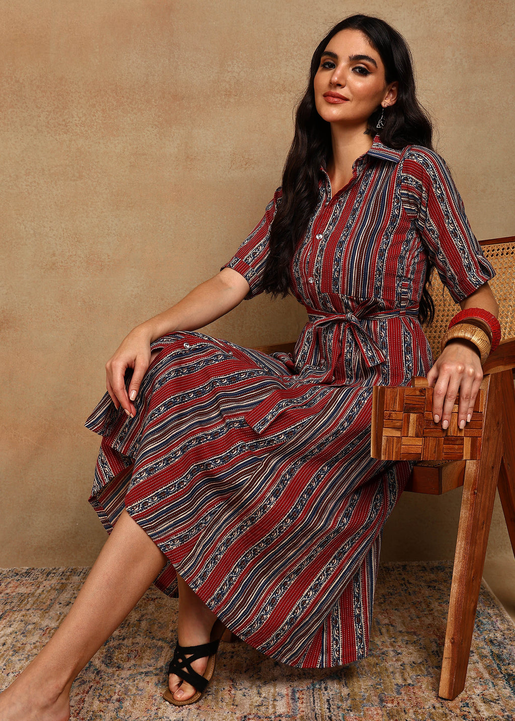 RED BLUE STRIPES COLLAR DRESS