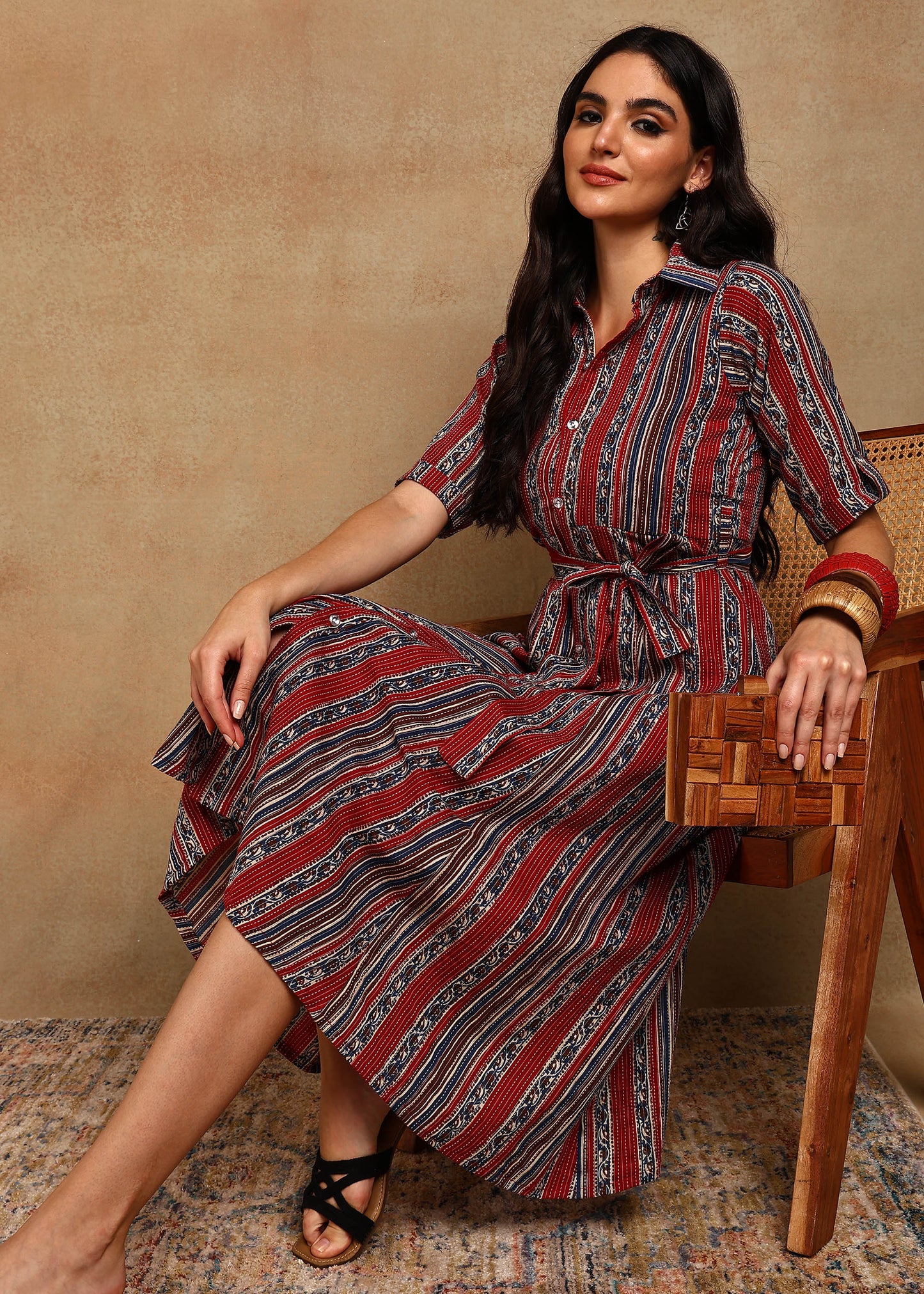 RED BLUE STRIPES COLLAR DRESS