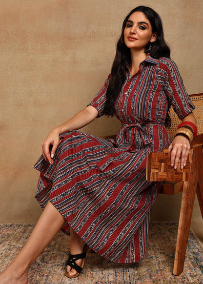 RED BLUE STRIPES COLLAR DRESS