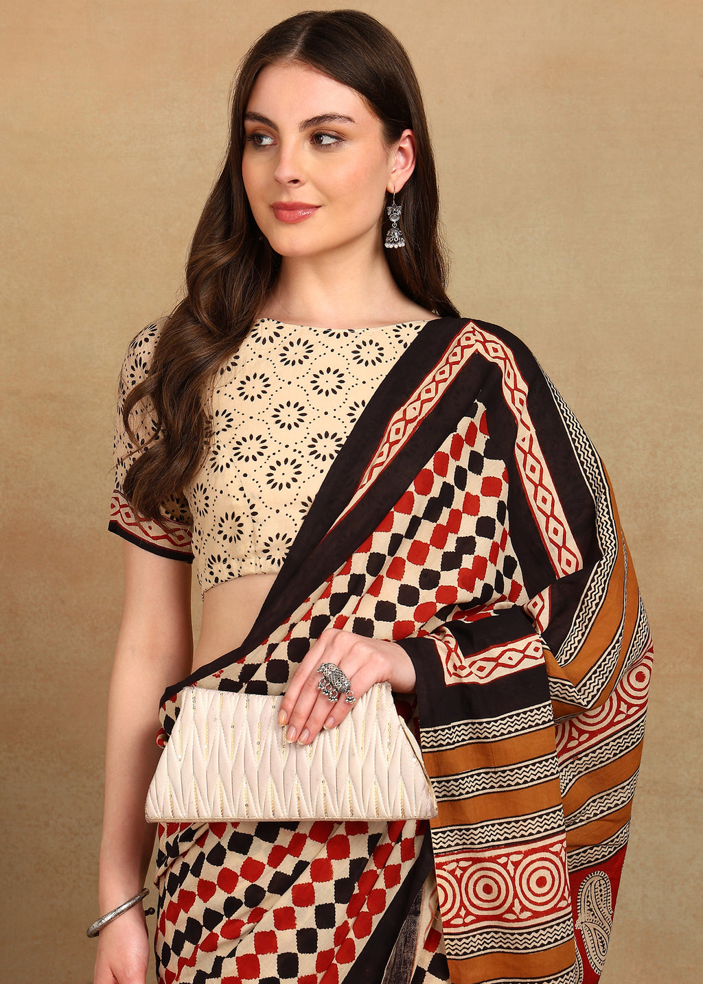 READY TO WEAR BEIGE AND RUST SAREE