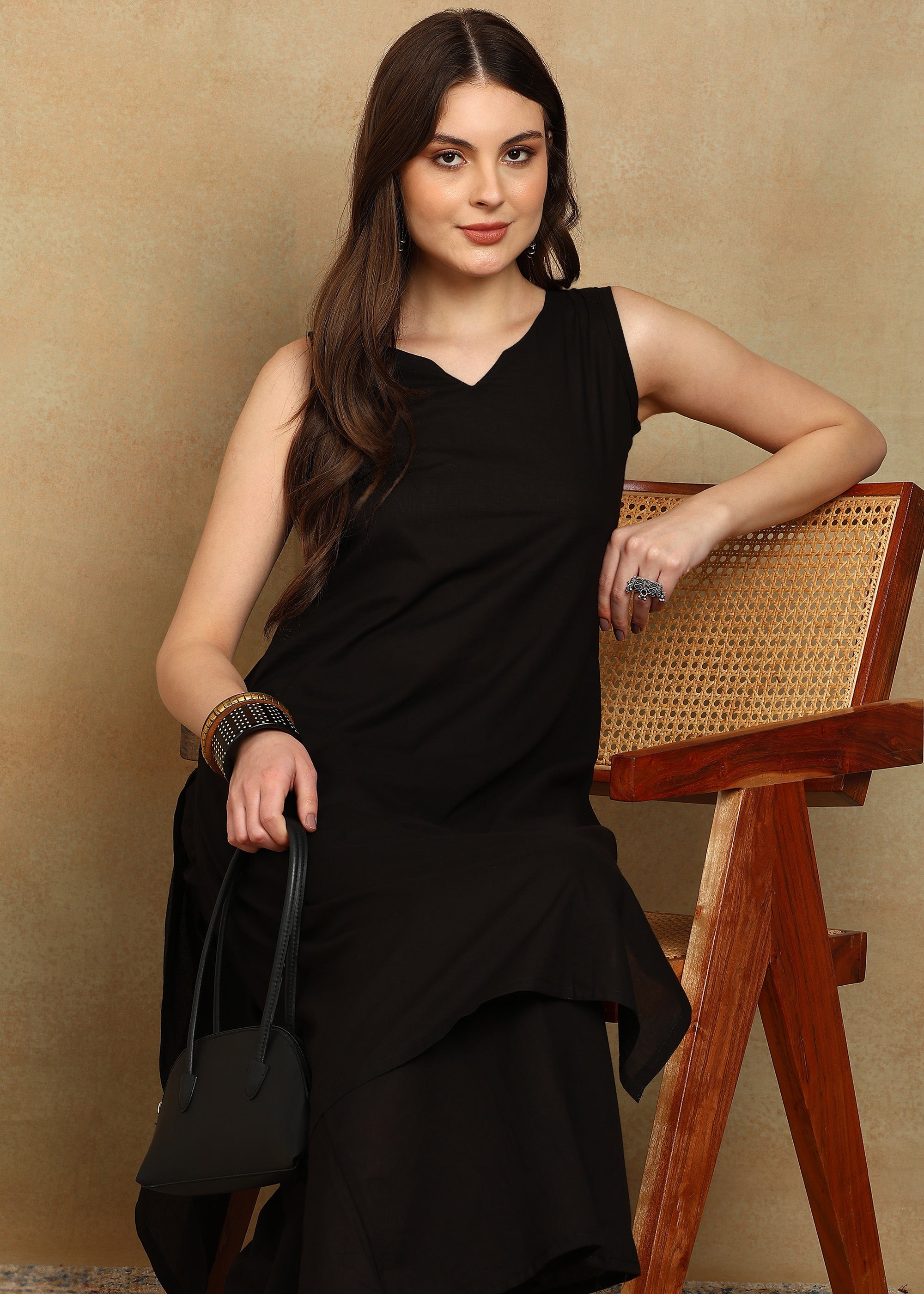 BLACK SLUB KURTA SET