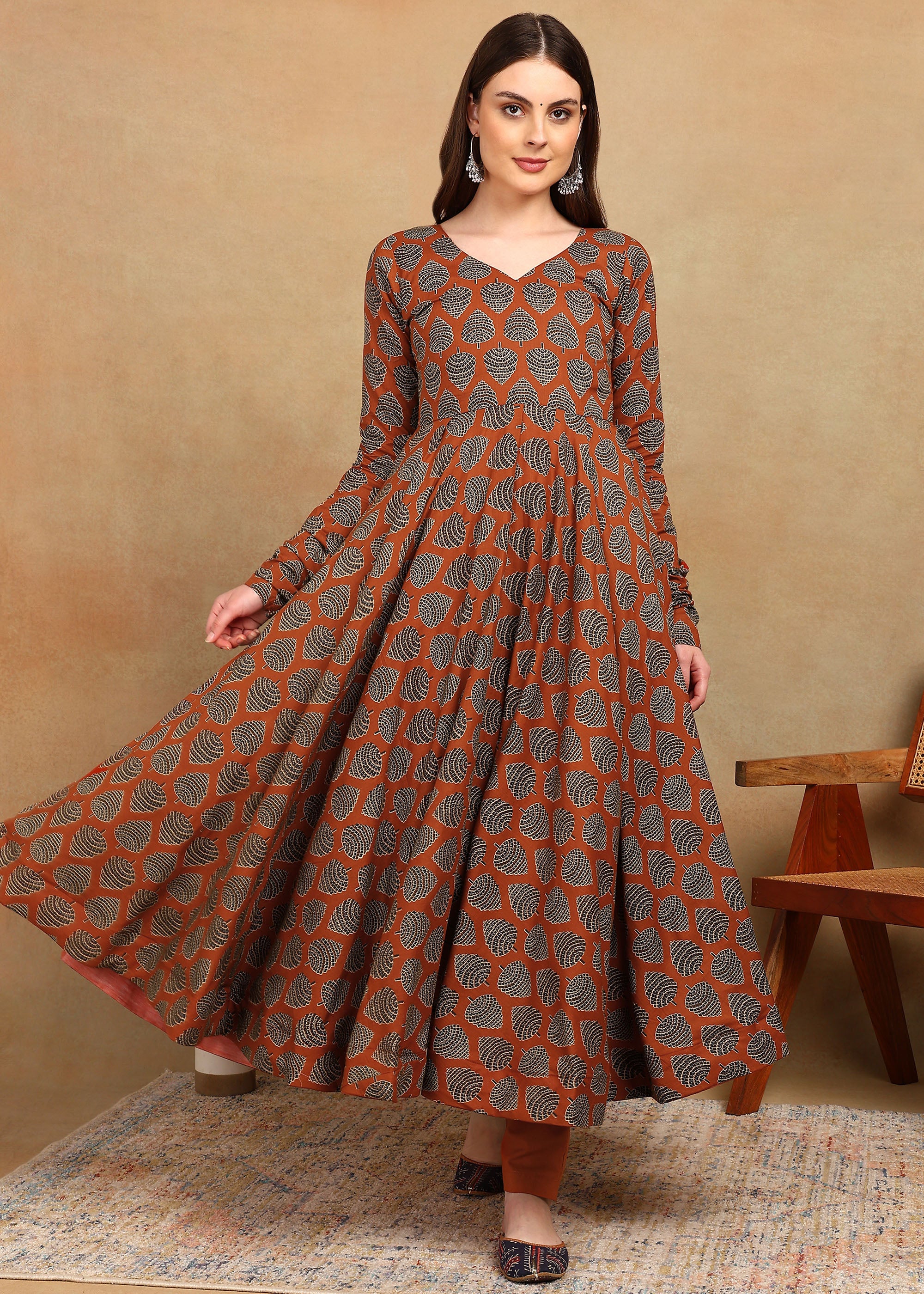 RUST AJRAKH ANARKALI SUIT SET