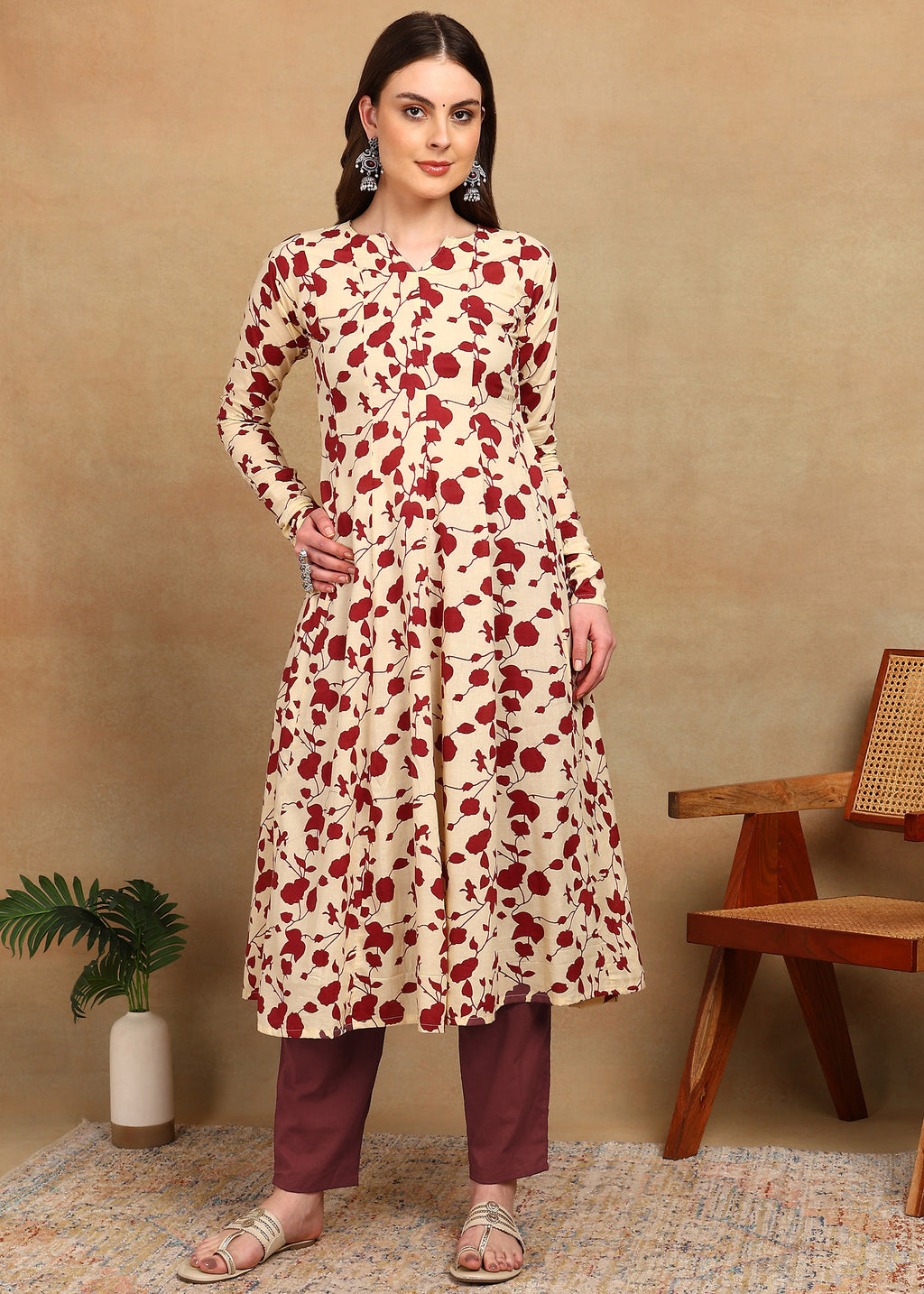 CREAM & MAROON FLORAL PRINTED ANARKALI SUIT SET
