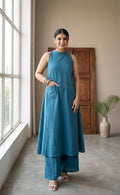 SKYBLUE SLUB KURTA PLAZZO SET
