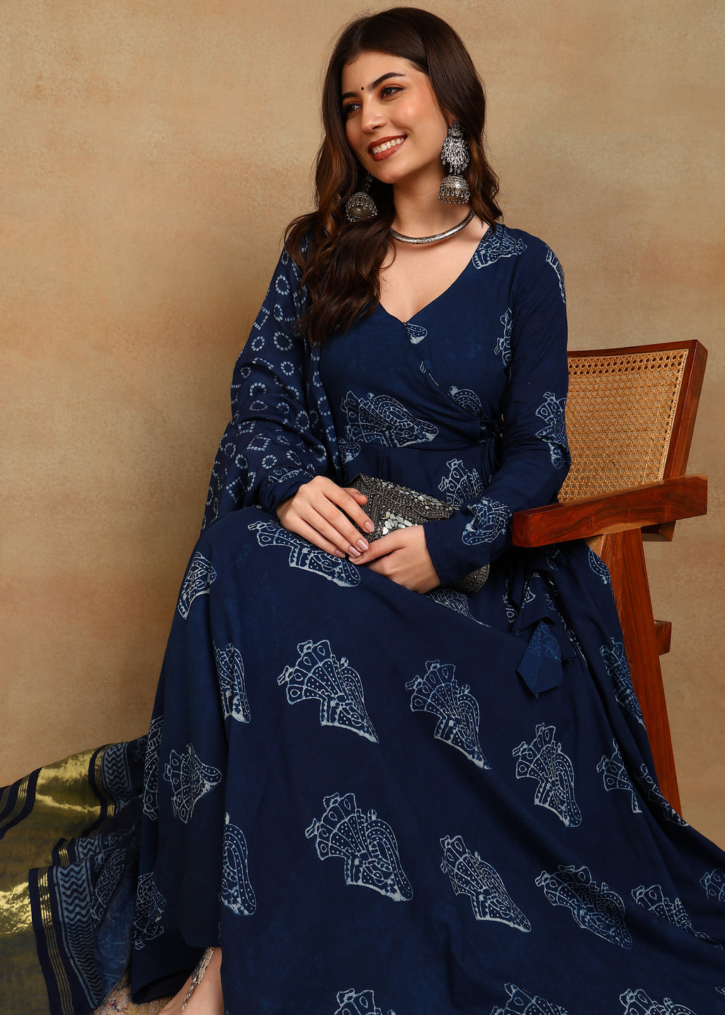 LADY DABU INDIGO HANDBLOCKED ANARKALI SUIT SET