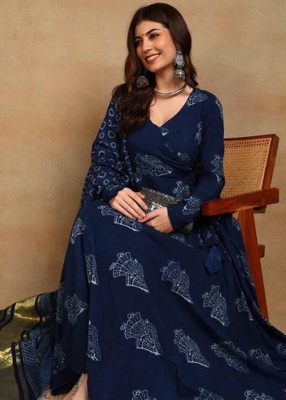 LADY DABU INDIGO HANDBLOCKED ANARKALI SUIT SET