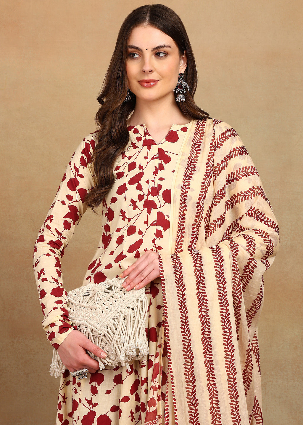 CREAM & MAROON FLORAL PRINTED ANARKALI SUIT SET