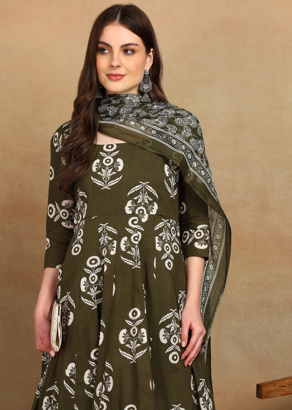 OLIVE KURTA ANARKALI SUIT SET