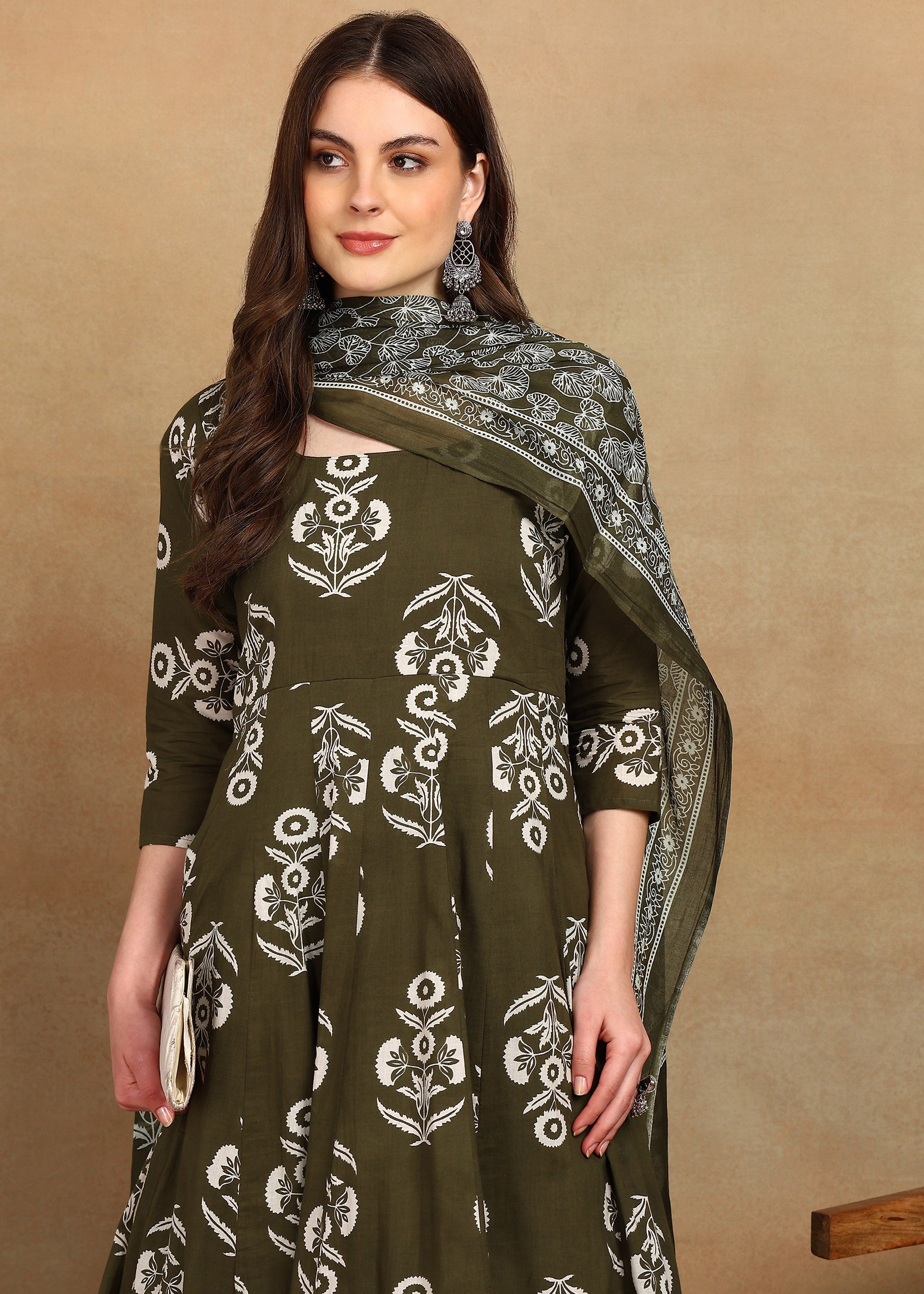 OLIVE KURTA ANARKALI SUIT SET
