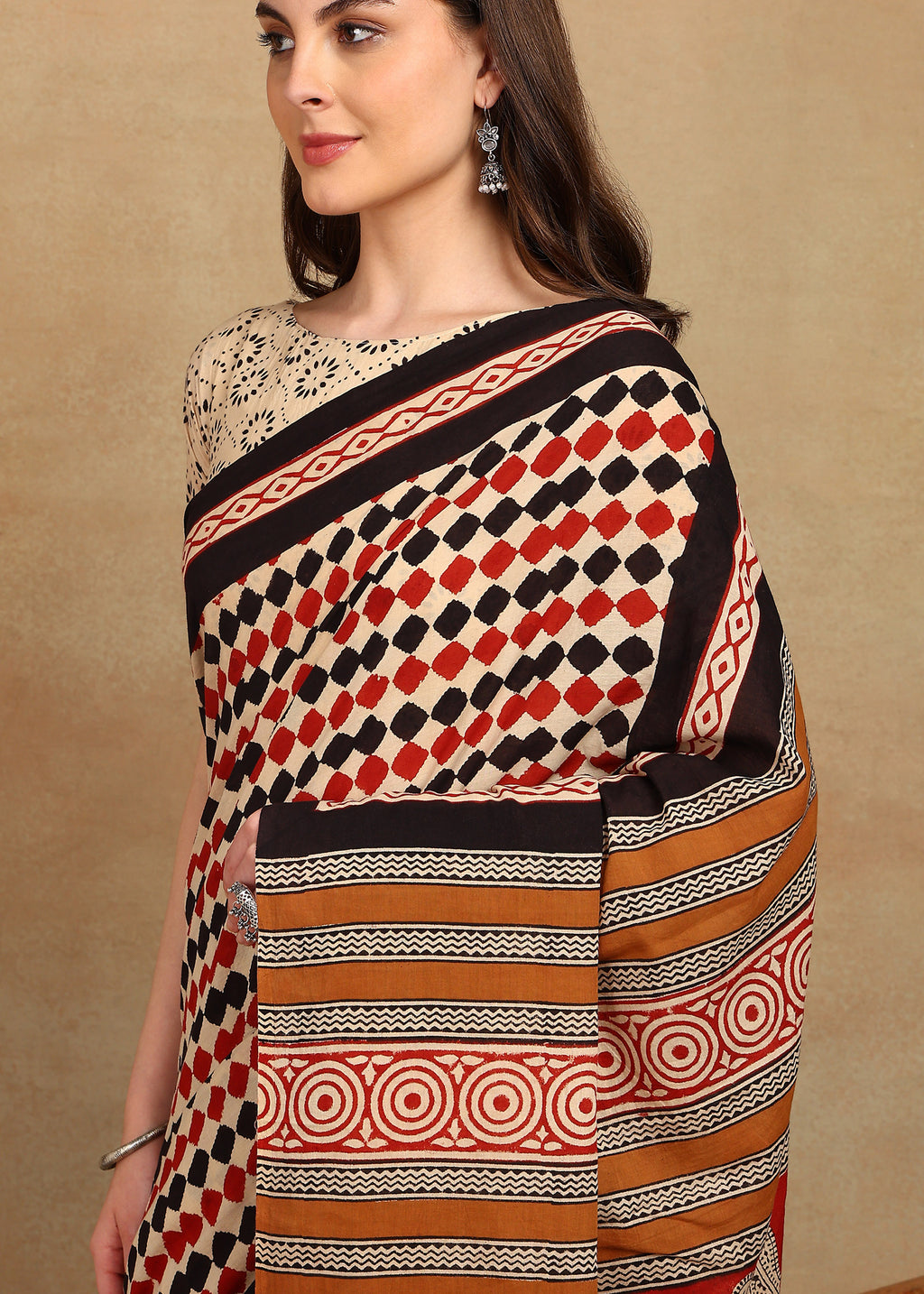 READY TO WEAR BEIGE AND RUST SAREE