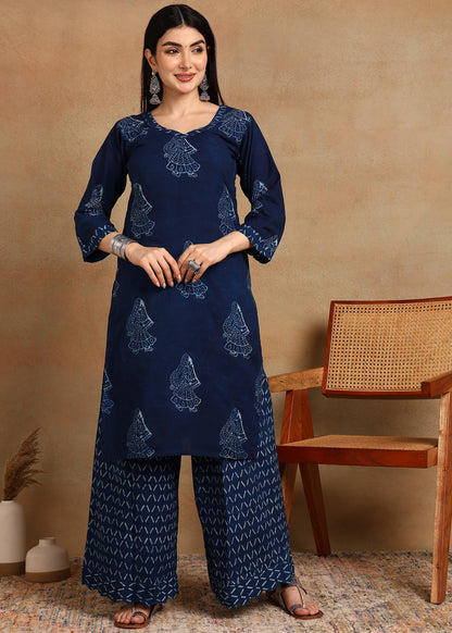 INDIGO PRINTED STRAIGHT SUIT