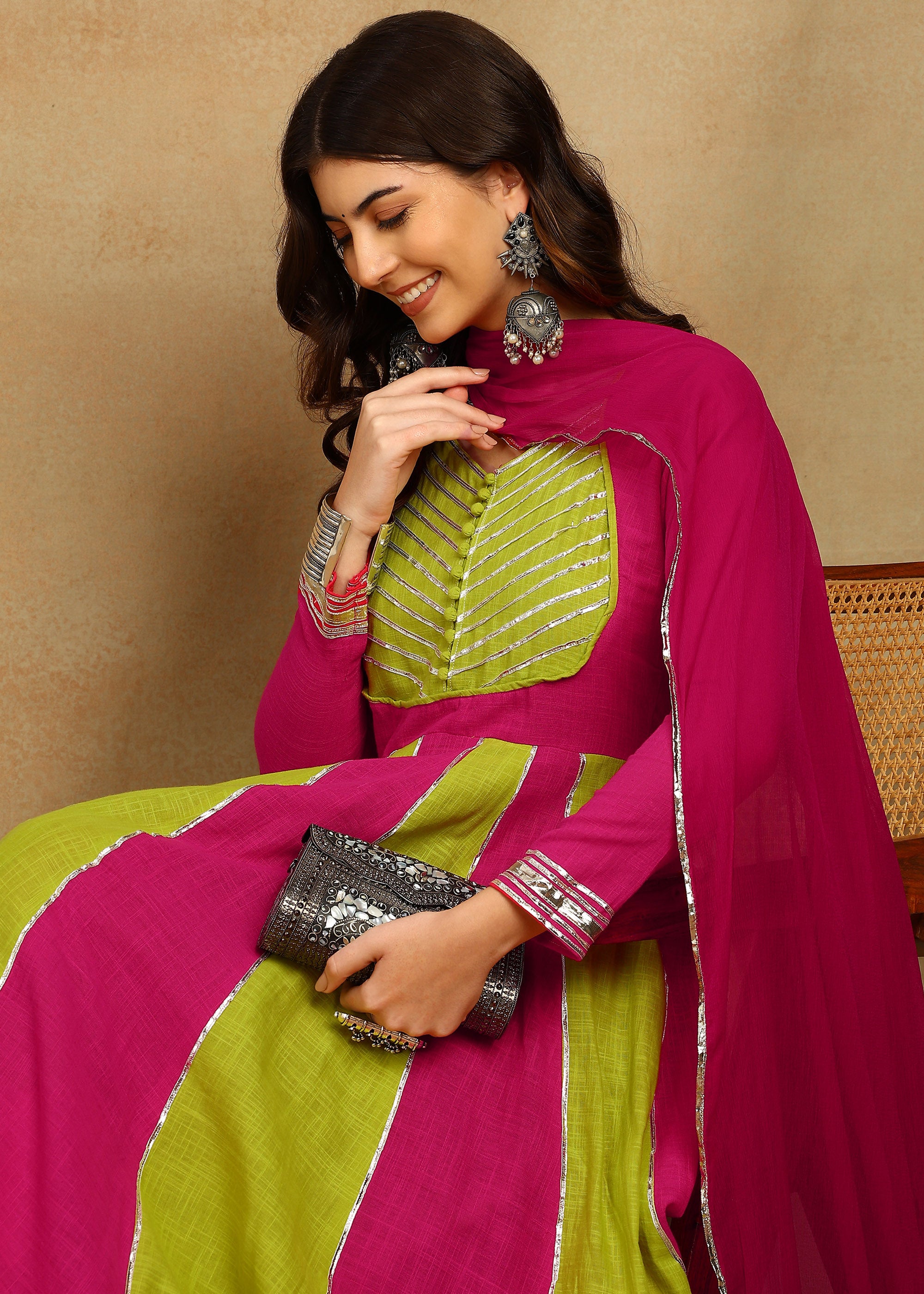 LIME PINK SLUB ANARKALI SUIT SET