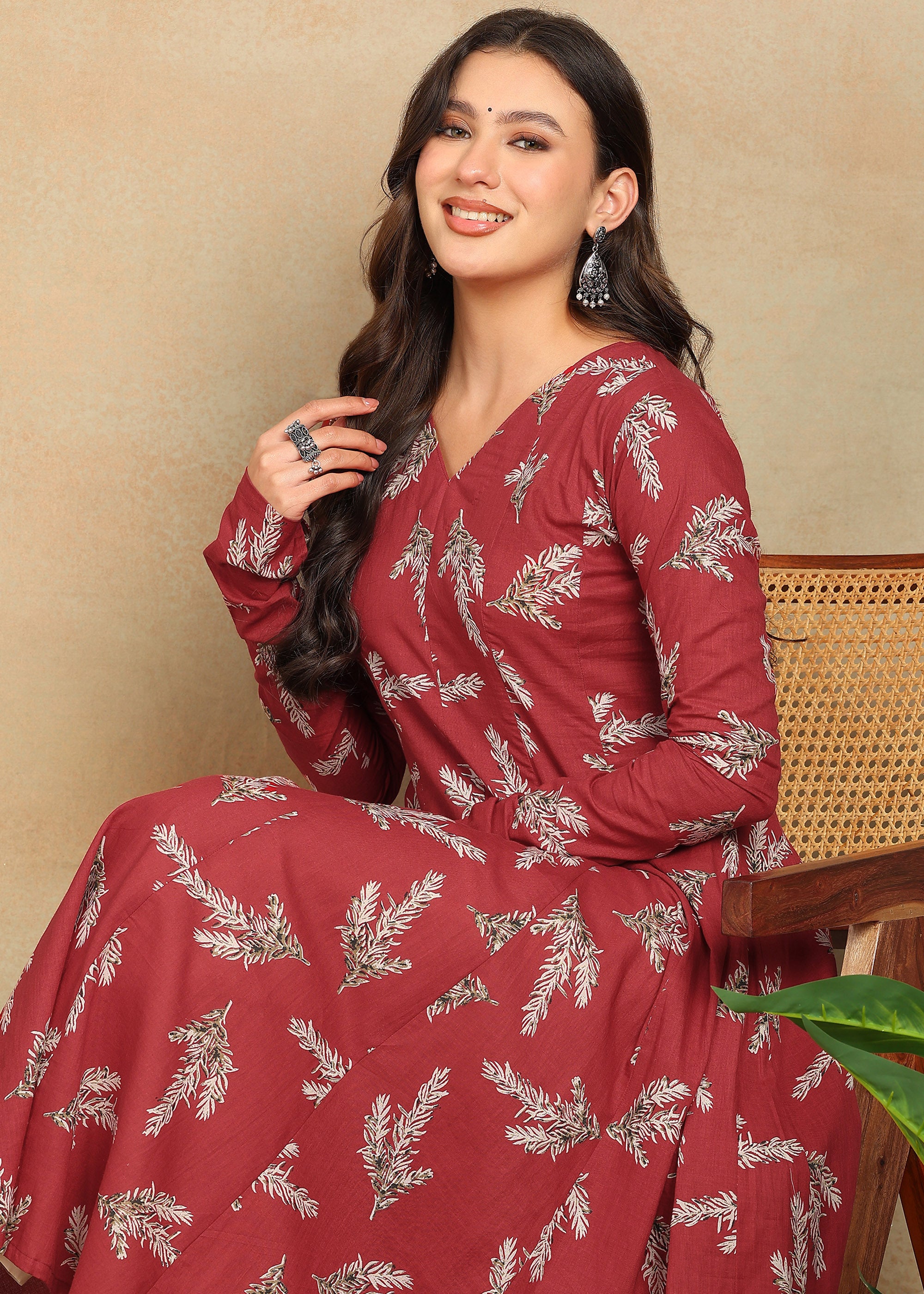 RED PRINTED A-LINE KURTA