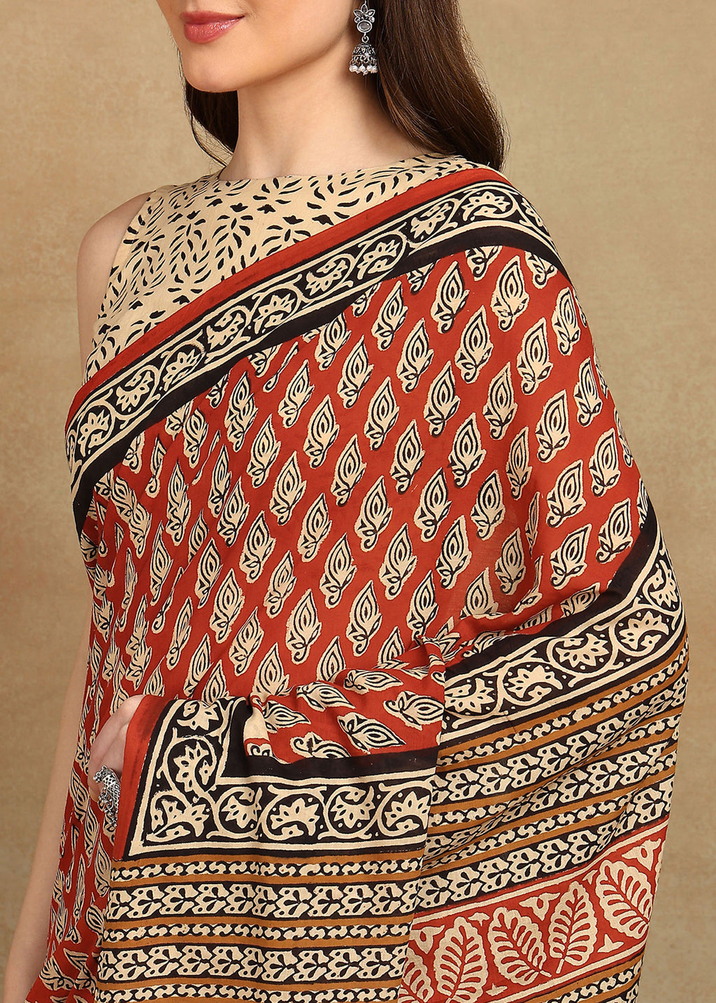 READY TO WEAR RED AJRAKH SAREE