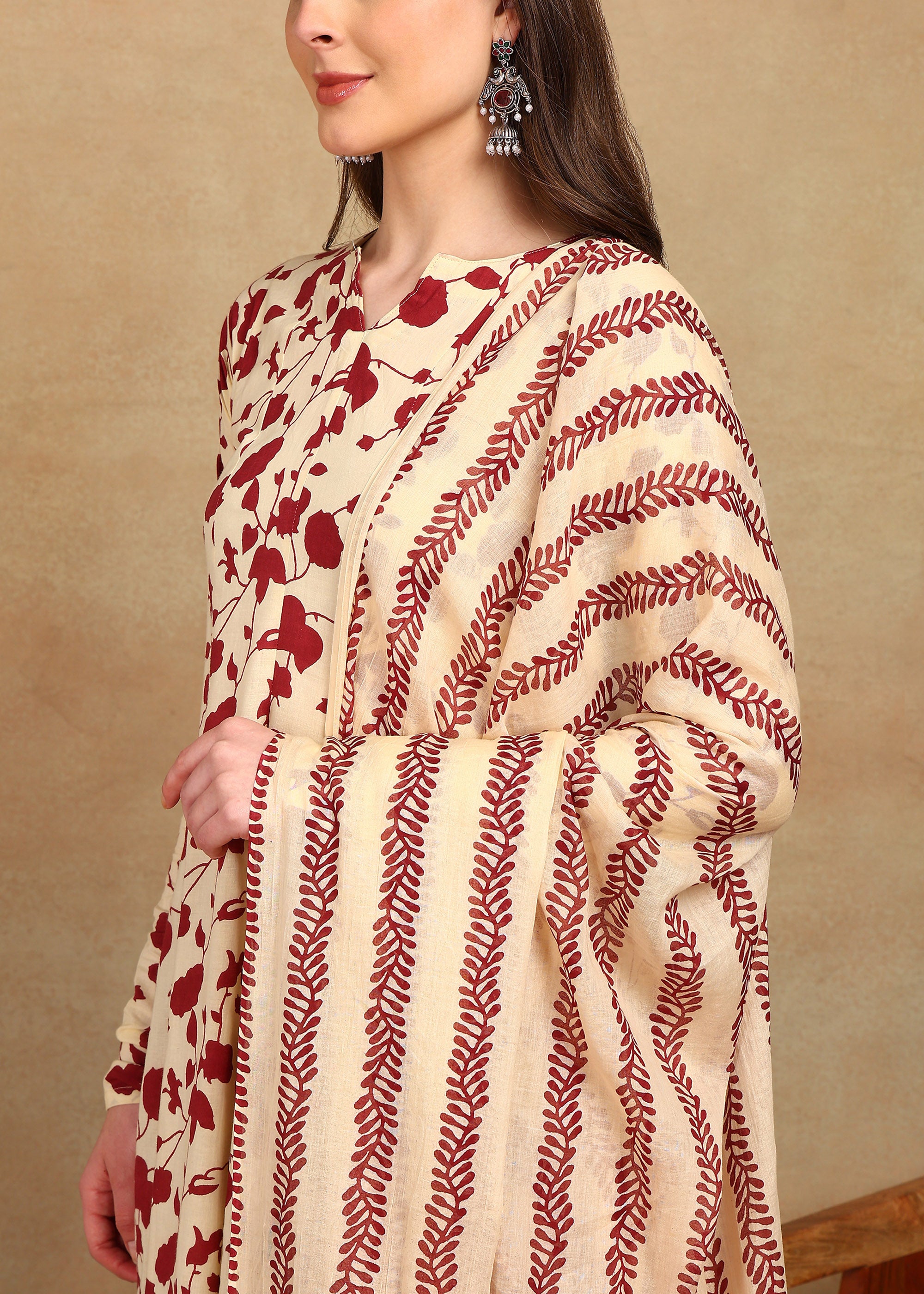 CREAM & MAROON FLORAL PRINTED ANARKALI SUIT SET