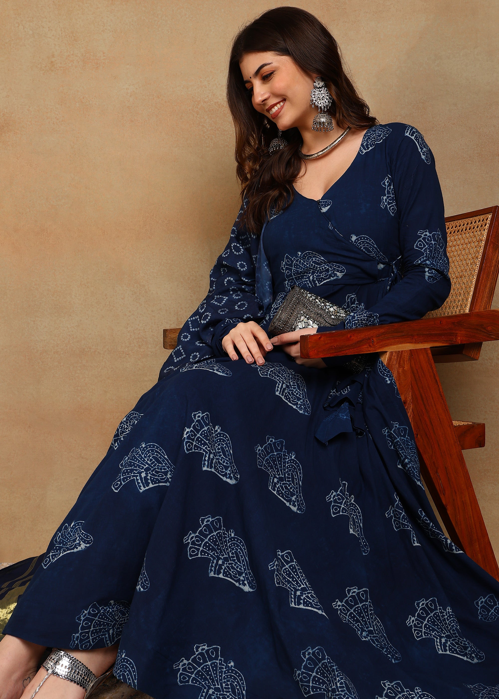 LADY DABU INDIGO HANDBLOCKED ANARKALI SUIT SET