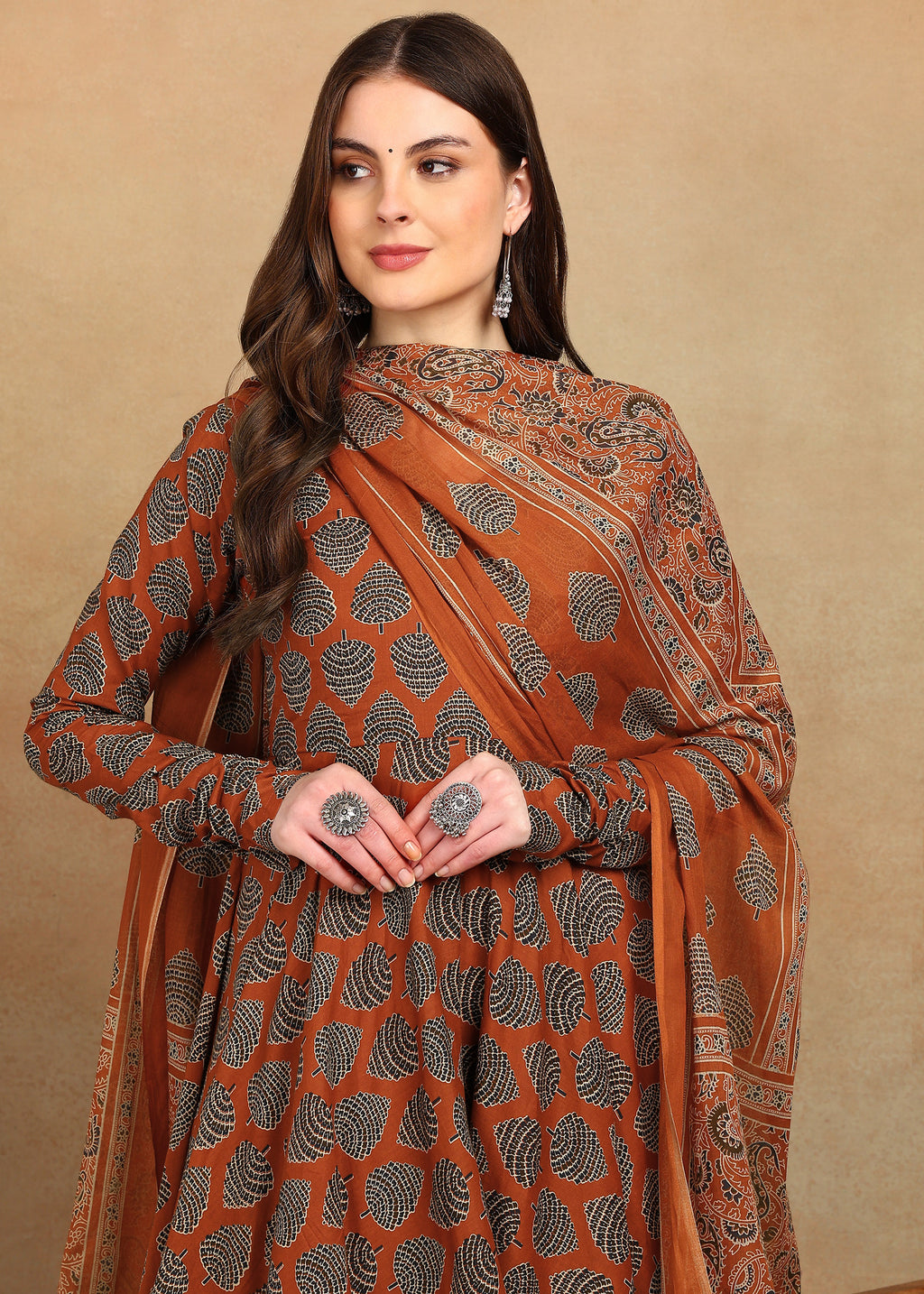 RUST AJRAKH ANARKALI SUIT SET