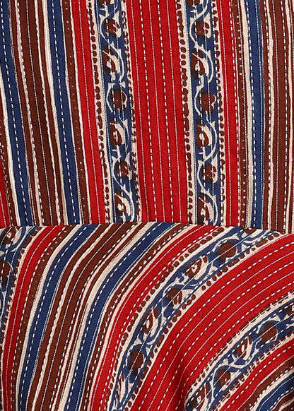 RED BLUE KATHA STRIPS DRESS