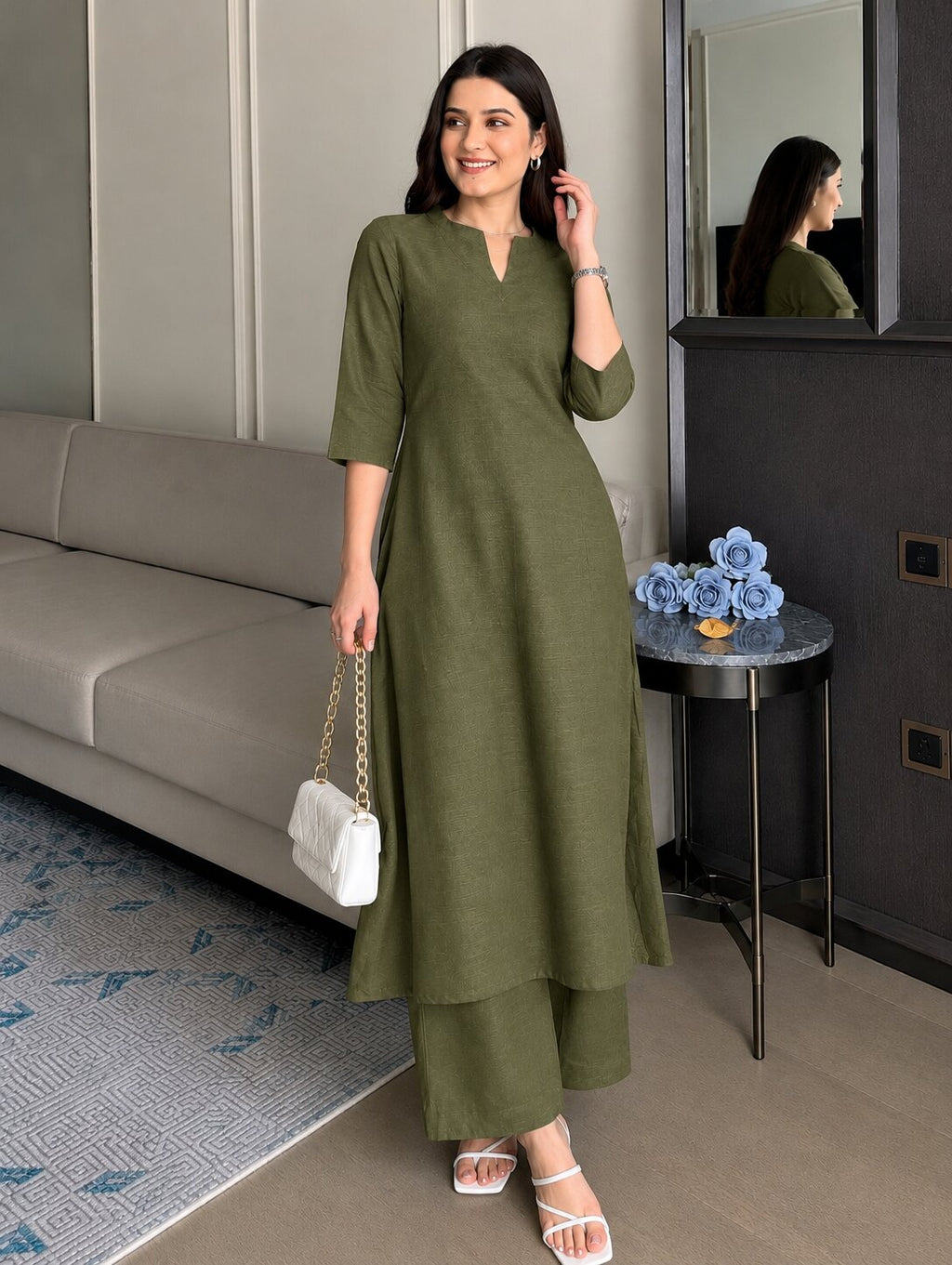 OLIVE KASHMIR KURTA PLAZZO
