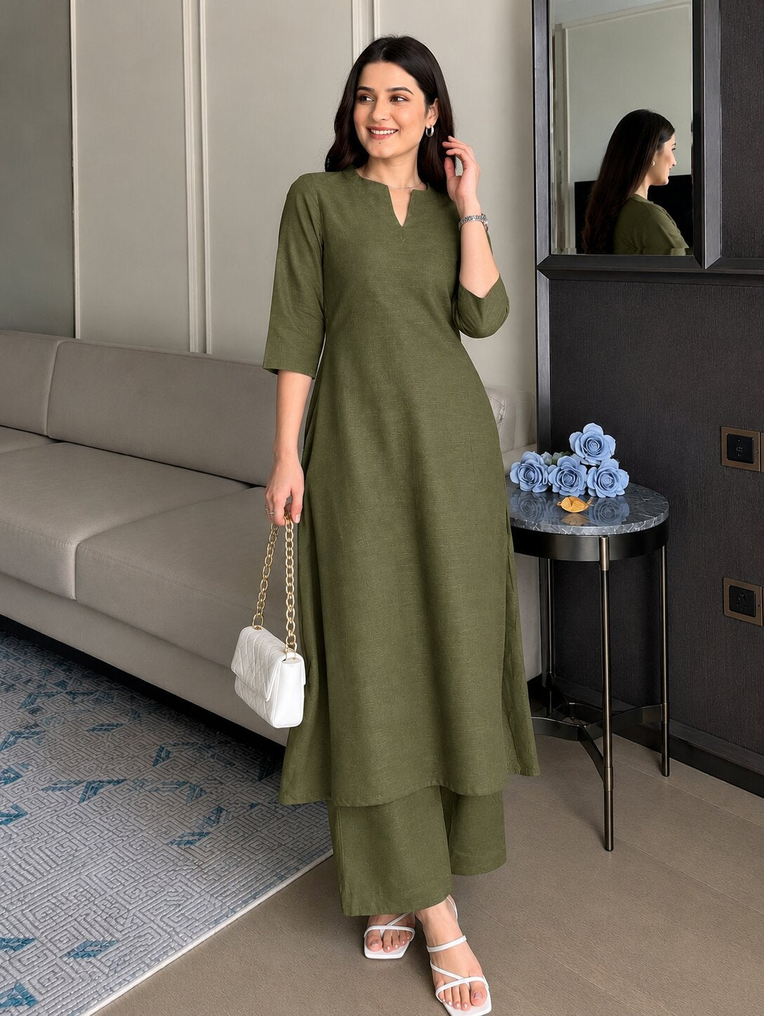 OLIVE KASHMIR KURTA PLAZZO