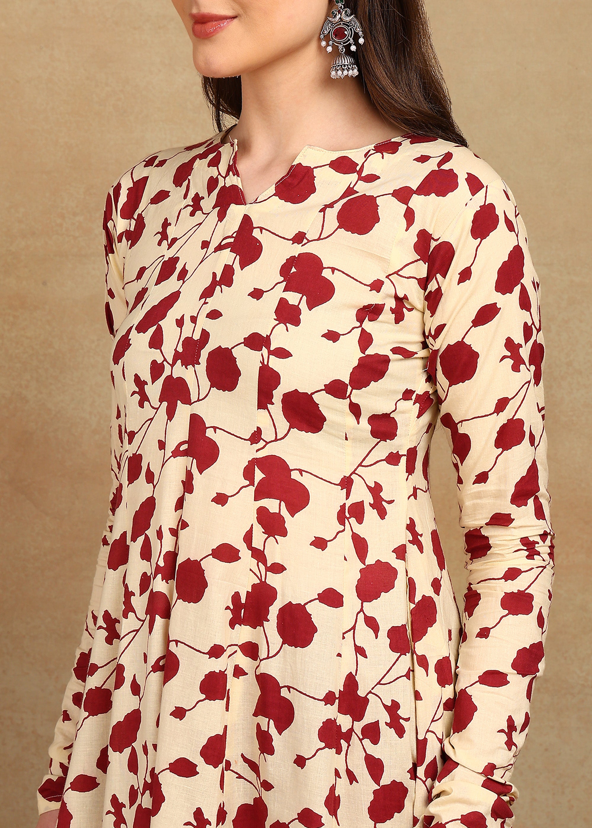 CREAM & MAROON FLORAL PRINTED ANARKALI SUIT SET
