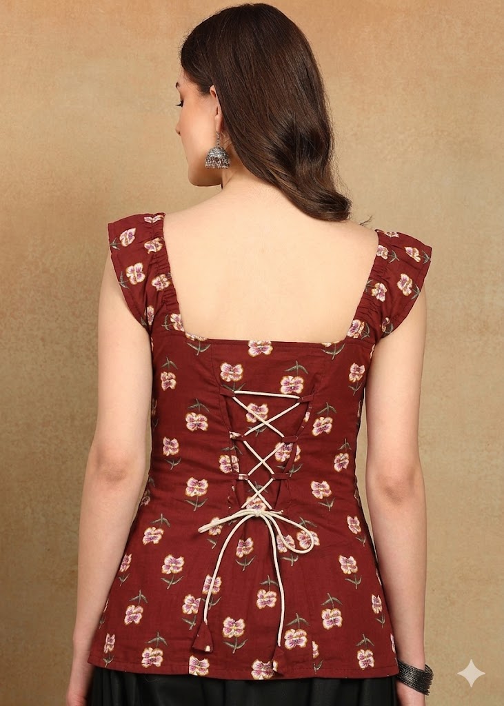 MARRON FLORAL BIG STRAP KURTI