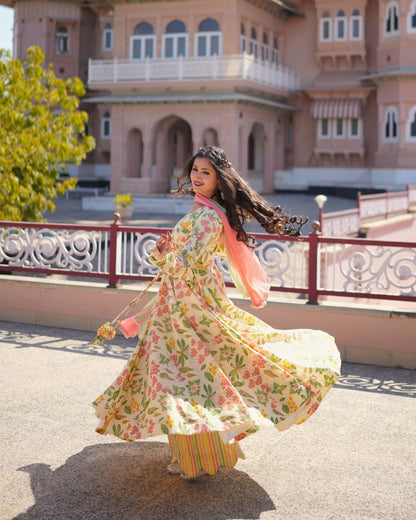 CREAM FLORAL ANARKALI SUIT SET